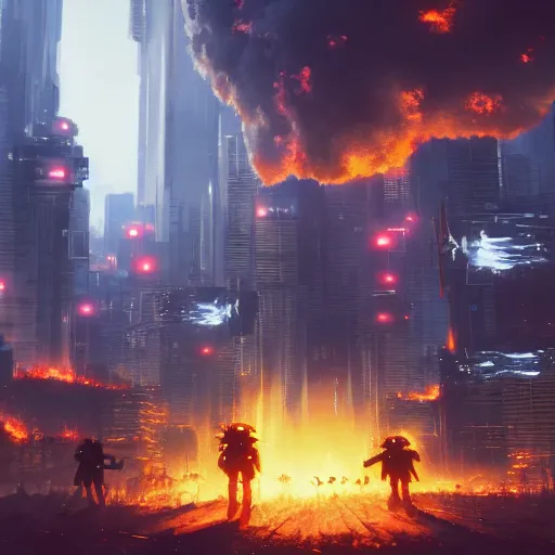 Prompt: Bob Ross style painting of androids conquering a cityscape on fire, 4K resolution, octane render, low angle perspective, high quality, cyberpunk mecha warrior, breathtaking composition