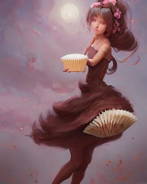 Prompt: a ( ( girl as personification of chocolate cupcake ) ), beauty, fantasy bakery, digital painting by krenz cushart, greg rutkowski, artgerm, laurie greasly, wlop, intricate, highly detailed!!, sharp focus, smooth, epic composition, joyful, unreal engine, masterpiece, 8 k