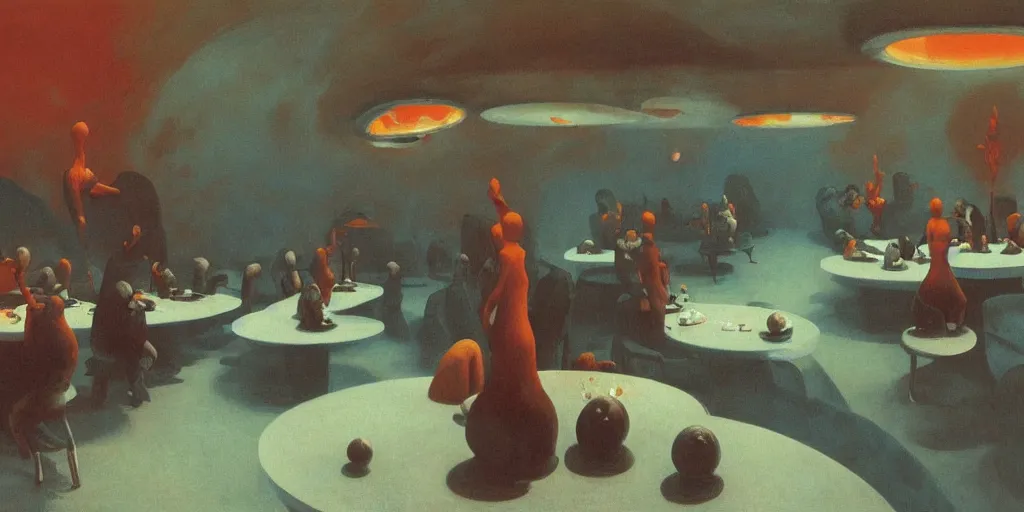 Image similar to spherical lava people at underwater restaurant Edward Hopper and James Gilleard, Zdzislaw Beksinski highly detailed