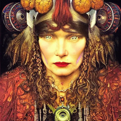 Image similar to baroque portrait of an art deco machine shaman, reflective detailed textures, highly detailed fantasy science fiction painting by annie swynnerton and jean delville and moebius, norman rockwell and william holman hunt. modern industrial shaman, rich colors, high contrast. artstation