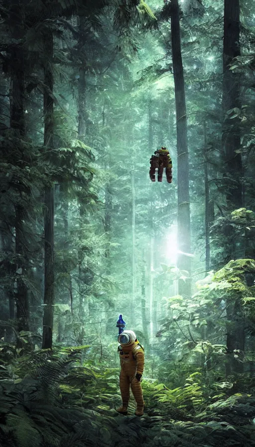 Image similar to american astronaut in the forest plants environment wide angle cinematic lighting atmospheric realistic octane render highly detailed, octane render, in the style of craig mullins