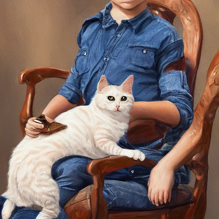 Image similar to a highly detailed painting of an animorphism cat sitting in chair petting a small bald human on his lap, 8k, trending on artstation