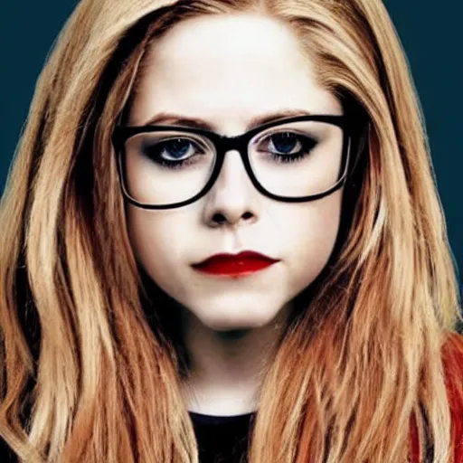 Prompt: portrait photo of Avril Lavigne with nerdy glasses, 2024