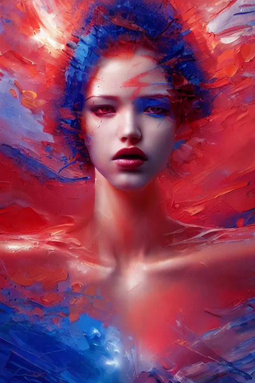 Image similar to 3 d, sci - fi, morning, happy fashion model face, sun, lightning clouds, vogue cover style, light red and deep blue mood, cinematic, realistic painting, intricate oil painting, high detail, figurative art, multiple exposure, poster art, 3 d, by stanley kubrick and tooth wu and wlop and beeple and greg rutkowski