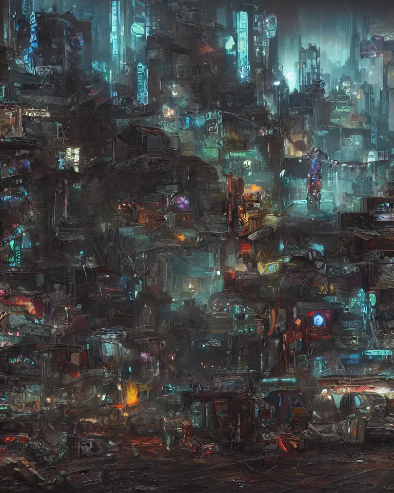 Image similar to a matte painting of a cybernetic junkyard ghost, cyberpunk, shadowrun, in the style of brom