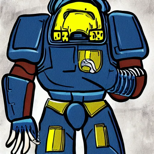 Image similar to digital artwork, cartoony, cell shading, futuristic space marine in heavy blue armor trying unsuccessfully to eat a large sub sandwich full of meat, cheese, and lettuce