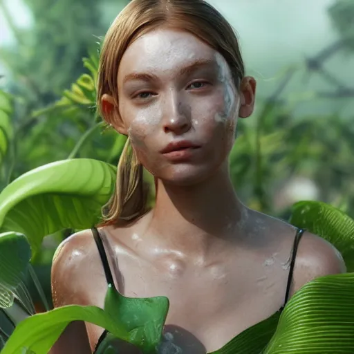 Image similar to Photorealistic person made out of slime and poo rising from the ground, summer, lush flora all around, DAZ, cgsociety, octane render