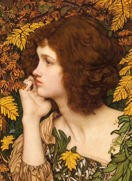 Image similar to masterpiece beautiful seductive flowing curves preraphaelite face portrait amongst leaves, extreme close up shot, straight bangs, thick set features, yellow ochre ornate medieval dress, laying amongst foliage mushroom forest circle arch, frederic leighton and kilian eng and rosetti and preraphaelites, william morris, framed, 4 k
