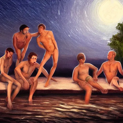 Image similar to five guys skinny dipping in the moonlight, trending on artstation