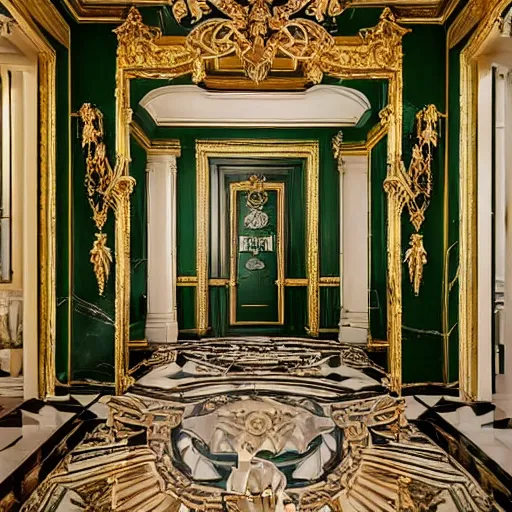 Image similar to a realistic photo of a large lavish victorian style mansion entrance hall made entirely of malachite with golden accents on the walls, and a dark marble floor; cinematic lens, 8K award-winning photo