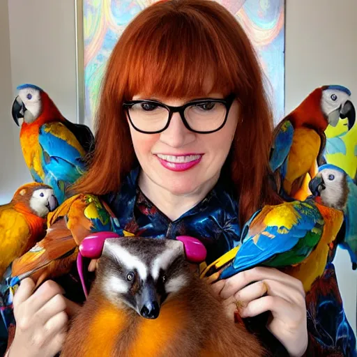 Image similar to a stunning hyper-detailed portrait photo of a beautiful bespectacled woman with long auburn hair and bangs, wearing a tie-dye t-shirt, wearing futuristic headphones and posing with her raccoons and parrots in an overstuffed easy chair in her sunlit living room, holding a coffee mug decorated with parrots, and holding a strawberry-glazed donut and smoking an elaborate hookah, perfect eyes, octane render, unreal engine, 85 mm lens,