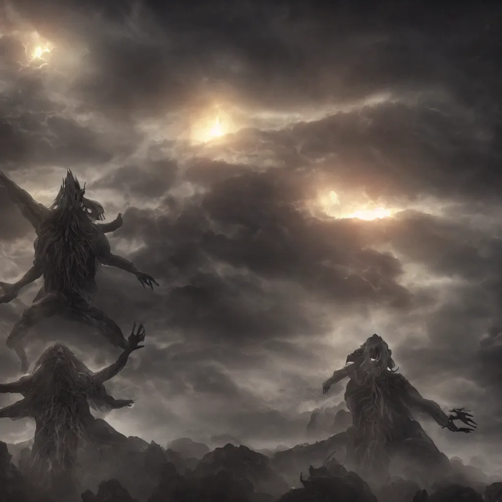 Prompt: stunning otherworldly god rising from the hell, dark and mysterious, atmospheric, ominous, eerie, cinematic, Epic, 8k, 4k, ultra detail, ultra realistic