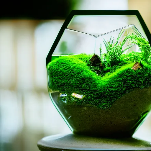 Image similar to lush green terrarium, macro shot, 4k