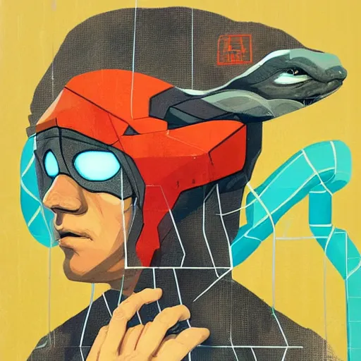 Prompt: Raiden vs Snake profile picture by Sachin Teng, asymmetrical, Organic Painting , Violent, Dark, Powerful, geometric shapes, hard edges, MGS4, graffiti, street art:2 by Sachin Teng:4