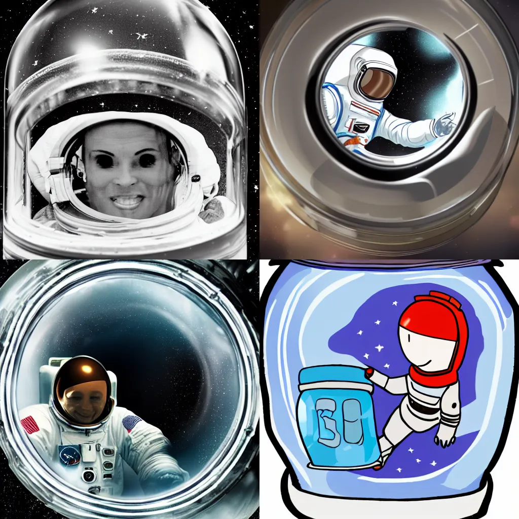 Prompt: an astronaut inside a jar trying to escape