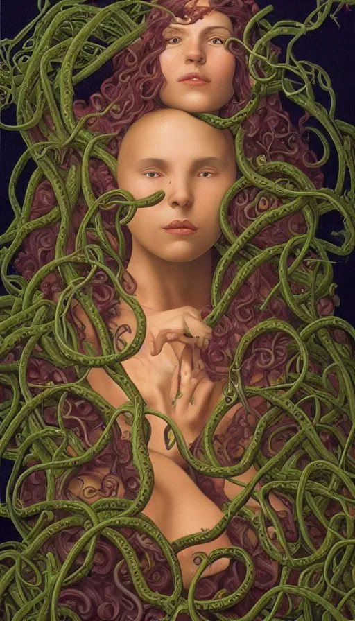 Image similar to very detailed portrait of a 2 0 years old girl surrounded by tentacles, the youg woman visage is blooming from fractal and vines, by thomas blackshear