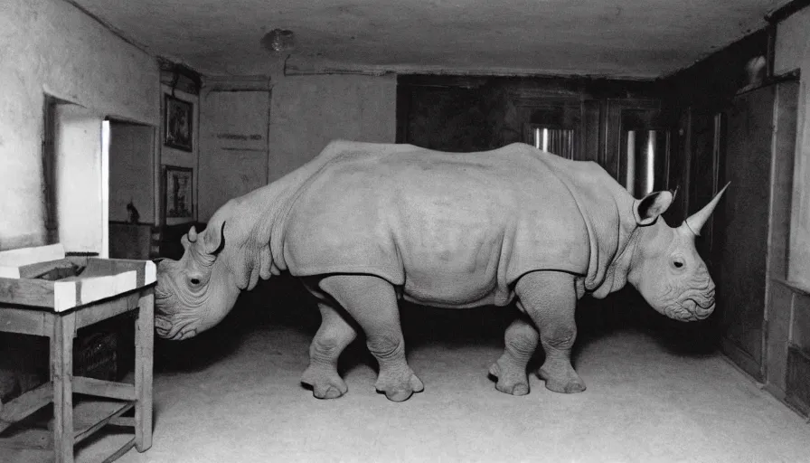 Prompt: a rhinoceros in a stalinist style kitchen, by mini dv camera, very very low quality, heavy grain, very blurry, accidental flash, caught on trail cam