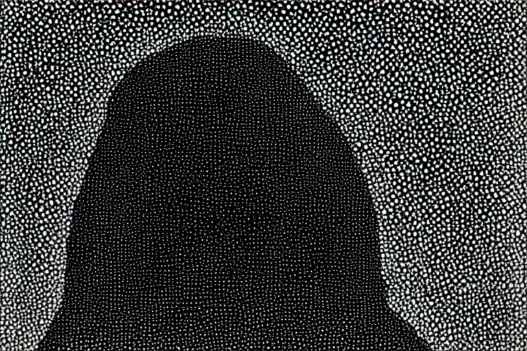 Prompt: face made out of mist, faceless people dark, dots, drip, stipple, pointillism, technical, abstract, minimal, style of francis bacon, asymmetry, pulled apart, cloak, hooded figure, made of dots, abstract, balaclava