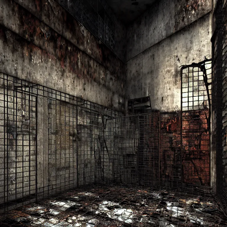 Image similar to An underground very dark gloomy multi-layered structure of rusty thick iron grates, dense chain-link fencing and peeling walls. Ugly human with long limbs sits on the floor. Inside view, collapsed floors, bent rusted iron, masterpiece, black background, corners, cinematic, hyperdetailed, photorealistic, hyperrealism, octane render, 8k, depth of field, bokeh, architecture, shadows, art by Zdzisław Beksiński, Arthur Rackham, Dariusz Zawadzki