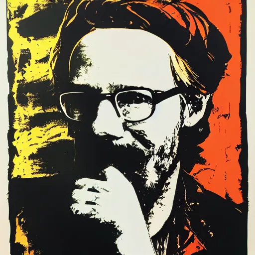 Image similar to yannic kilcher silk screen portrait by andy warhol, butcher billy style