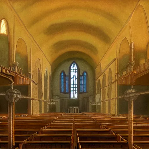 Prompt: the inside of an empty church, sunrise, dramatic lighting, art by hayao miyazaki, studio ghibli film, hi res, 4k, high detail