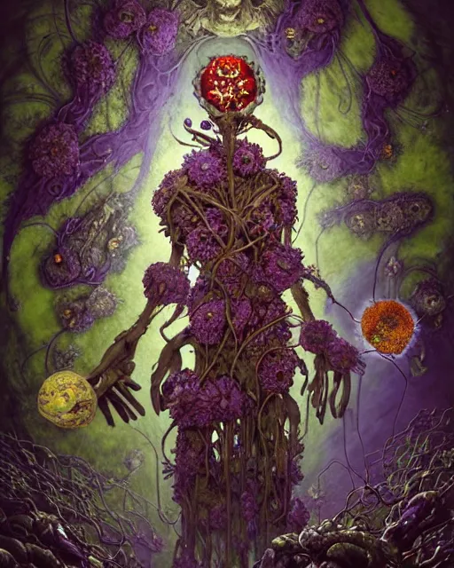 Image similar to the platonic ideal of flowers, rotting, insects and praying of cletus kasady carnage thanos dementor doctor manhattan chtulu mandelbulb mandala spirited away bioshock davinci the witcher, d & d, fantasy, ego death, decay, dmt, psilocybin, art by artgerm and anders zorn and giuseppe arcimboldo