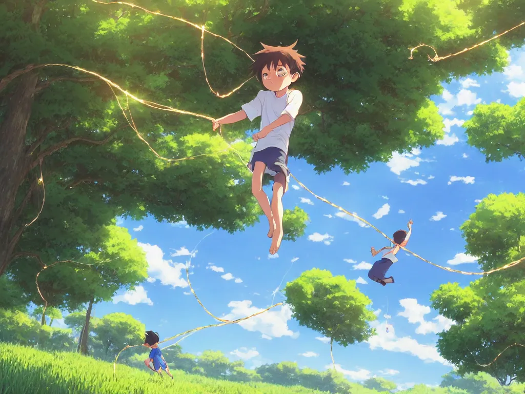 Image similar to extreme wide shot of a summer landscape, with a boy holding on to a string that connects to a web that envelopes the sun. Digital art by Makoto shinkai and Rebecca Sugar and Alan Lee.