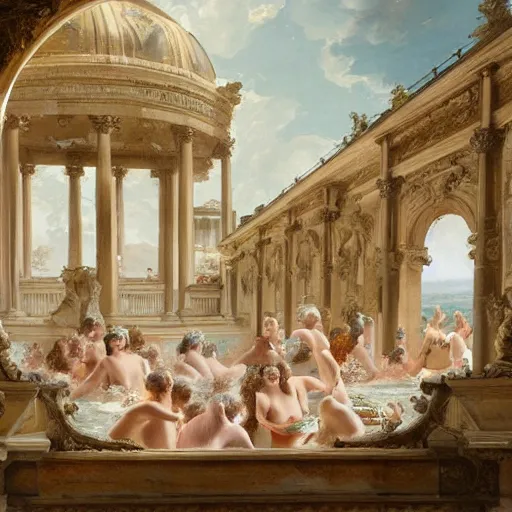 Prompt: rococo painting of a roman bath full of women dressed in white, panoramic view, detailed, by greg rutkowski