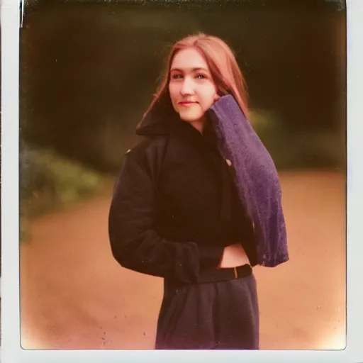 Image similar to a young woman is posing for a picture, a polaroid photo, petzval lens. featured on flickr, art photography, photo taken with provia, photo taken with ektachrome