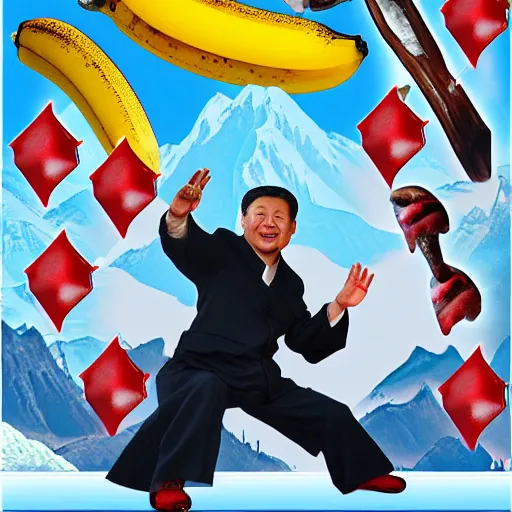 Image similar to Chinese president, battle against dragon, bananas weapon, mountains background, fighting stance, painting