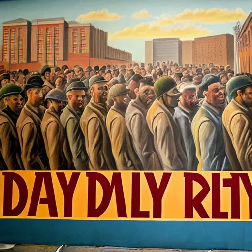 Image similar to the word daily!!!!!!!!!!!!!!!!!!!!!!!! depicted in a socialist realist mural