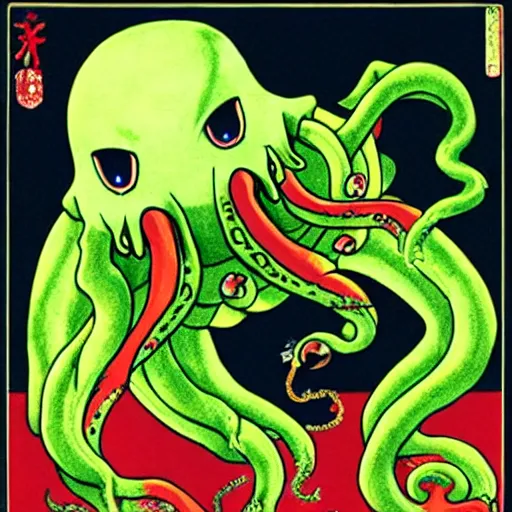 Image similar to a photograph of cthulhu as a japanese mascot, filmic, cinematographic