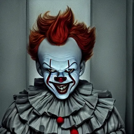 Prompt: pennywise in court over homicide charges. full body. oil on canvas. intricate. 8 k. highly professionally detailed. hdr. cgsociety