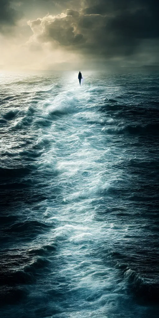 Image similar to a path through the sea, path, wall of water either side, biblical, exodus 1 4 : 2 1 & 2 2, moses, by stephen king, cinematic, hyperrealistic, evil, dark, cgsociety, 8 k