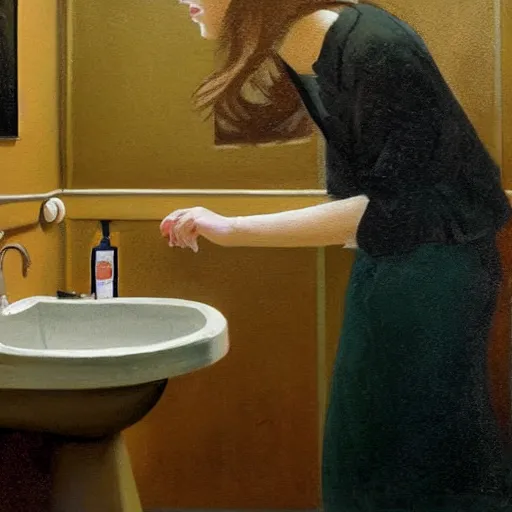 Prompt: emma stone in soviet public toilet, sharp focus, detailed, art by grant wood