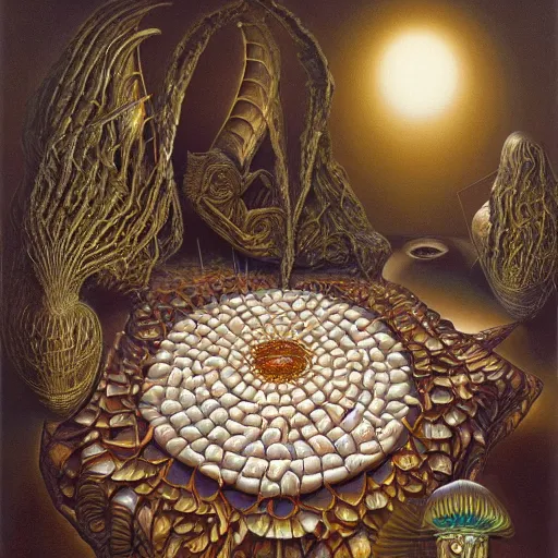 Image similar to mother of pearl by jacek yerka, alex gray, zdzisław beksiński, dariusz zawadzki, vladimir kush, jeffrey smith and h.r. giger, oil on canvas, 8k highly professionally detailed, trending on artstation