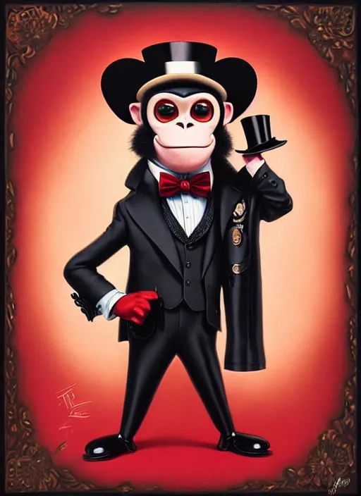 Prompt: an anthropomorphic monkey in a fancy suit and a top hat, pixar style by tristan eaton, artgerm, tom bagshaw