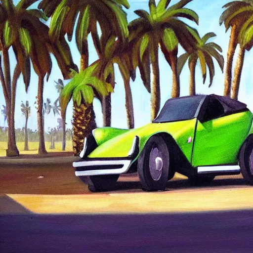 Image similar to kermit driving a car, palm trees, oil painting, detailed