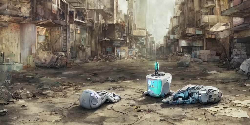 Image similar to a broken robot lying in a deserted junk town, watercolor, ghost in the shell, soft bloom lighting, paper texture, bright sun bleached ground, vending machine, robot lurks in the background, koji morimoto, katsuya terada, genius party, animatronic, black smoke, pale, beige sky pencil marks, hd, 4k, remaster, dynamic camera angle, fish eye, dynamic scene