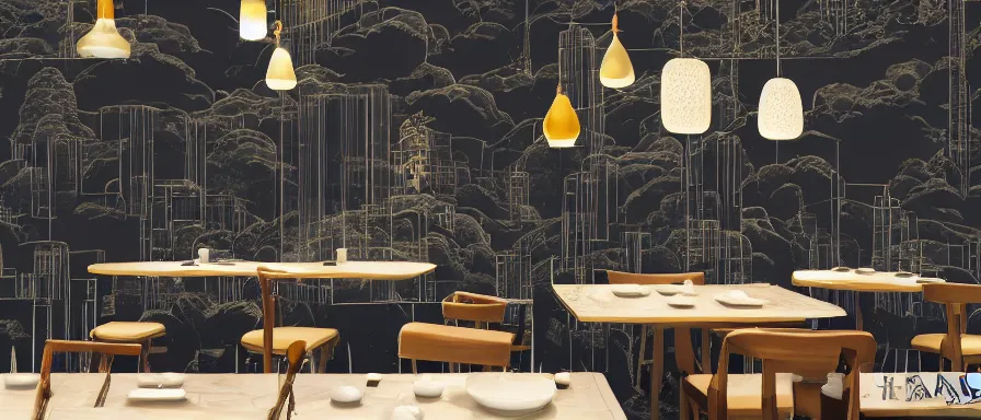 Image similar to a beautiful interior view illustration of a small roasted string hotpot restaurant in yan'an city, restaurant wall paper is a tower on a mountain, rectangle white porcelain table, black chair, animation illustrative style, from china, simple style structure decoration design, victo ngai, james jean, 4 k hd