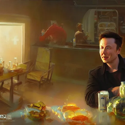 Prompt: Elon Musk selling momos, closeup character art by Donato Giancola, Craig Mullins, digital art, trending on artstation