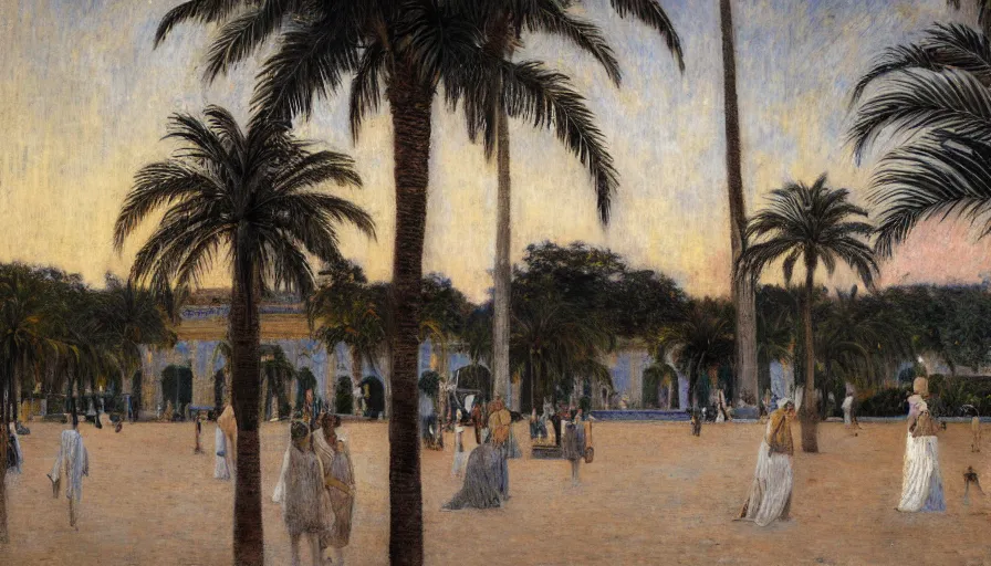 Image similar to a ultradetailed beautiful painting of the night sky of the amazonas palace balustrade designed by jules bastien - lepage, tarsila do amaral, frank weston and gustave baumann, beach, trending on artstation, mediterranean, palm trees, sharp focus, giant greek columns, soft light, 8 k 4 k