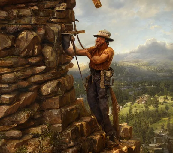 Prompt: landscape portrait of a man working on a building out of hand hewn brimstone, all alone by william sidney mount, trending on artstation