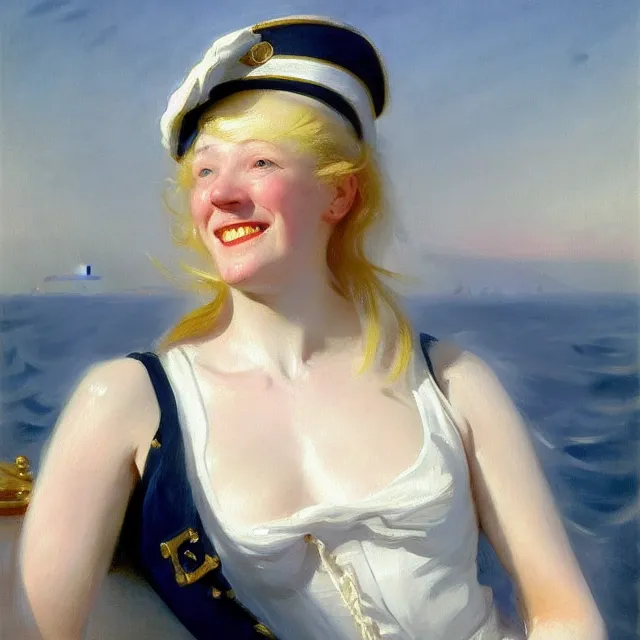 Image similar to painting of a muscular albino female sailor woman with broad shoulders, flowing white hair, and a confident smile, naval uniform, on a boat at sea. painting by john singer sargent and ivan aivazovsky, 4 k hd artstation