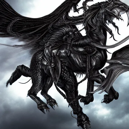 Image similar to realistic photo of an heroic pegasus with demon wings, evil eyes and venom's mouth, hr giger style, biomechanical, 4k, no artifacts