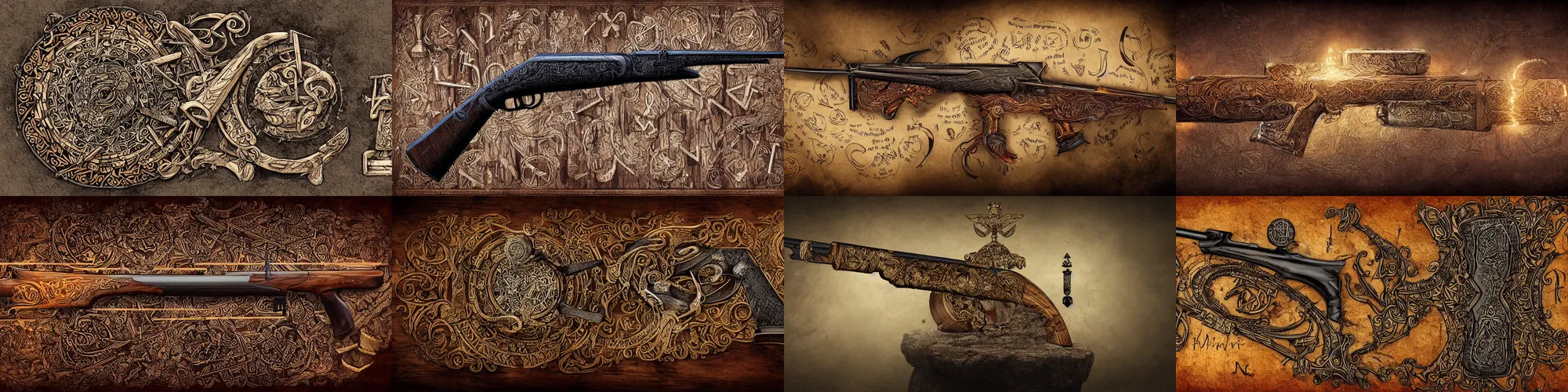 Prompt: an illustration of a shotgun made out of wood, on a rock pedestal, imbued with runes of magic, enchanted with nature spirit, glowing in power, digital art, intricate details, professional