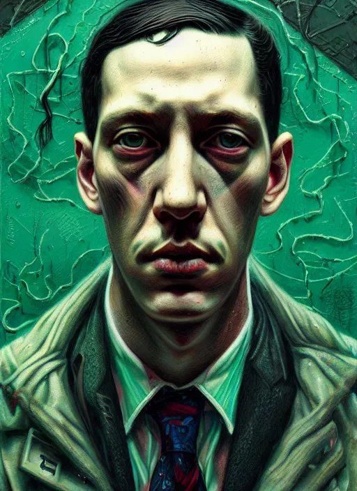 Image similar to hyper detailed ultra sharp h. p. lovecraft photorealistic portrait, somber melancholic aesthetic, masterpiece, elite, illustration, art by sachin teng, felix englund, organic matte painting, emerald color palette, hard edges, graffiti, street art 8 k