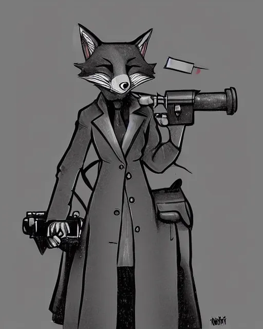 Image similar to a fox wearing a black trench - coat holding a mini - gun, comic art style, digital art,