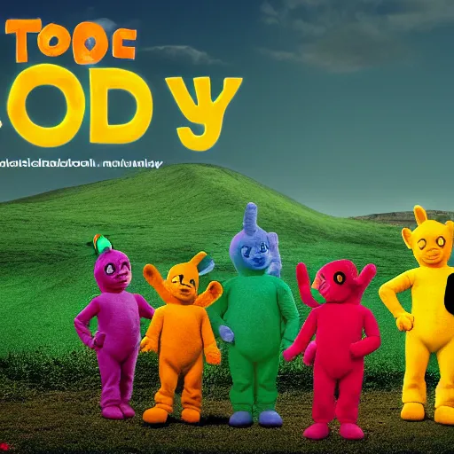 Prompt: SCP-999 standing with the Teletubbies, matte painting, concept art, 4k