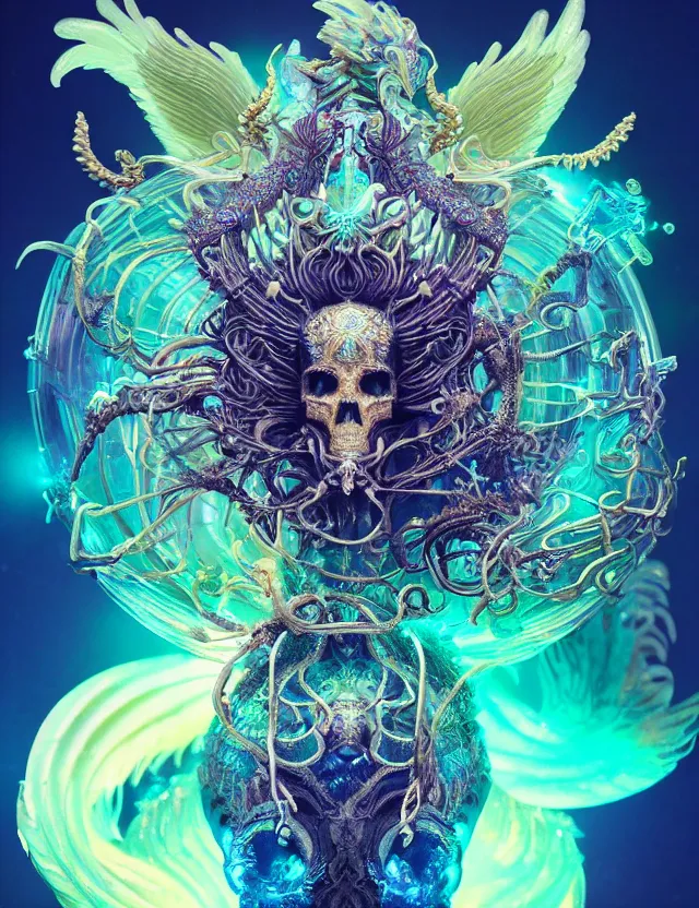 Image similar to goddess phoenix macro close - up portrait with crown made of ram skull. phoenix, betta fish, jellyfish, bioluminiscent, plasma, ice, water, wind, creature, super intricate ornaments artwork by tooth wu and wlop and beeple and greg rutkowski